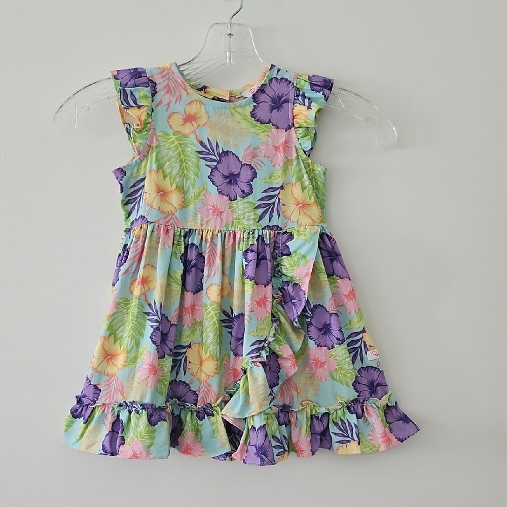 Ruffle Butts Tropical Floral Print Faux Wrap‎ Dress With Ruffles Size 2T
